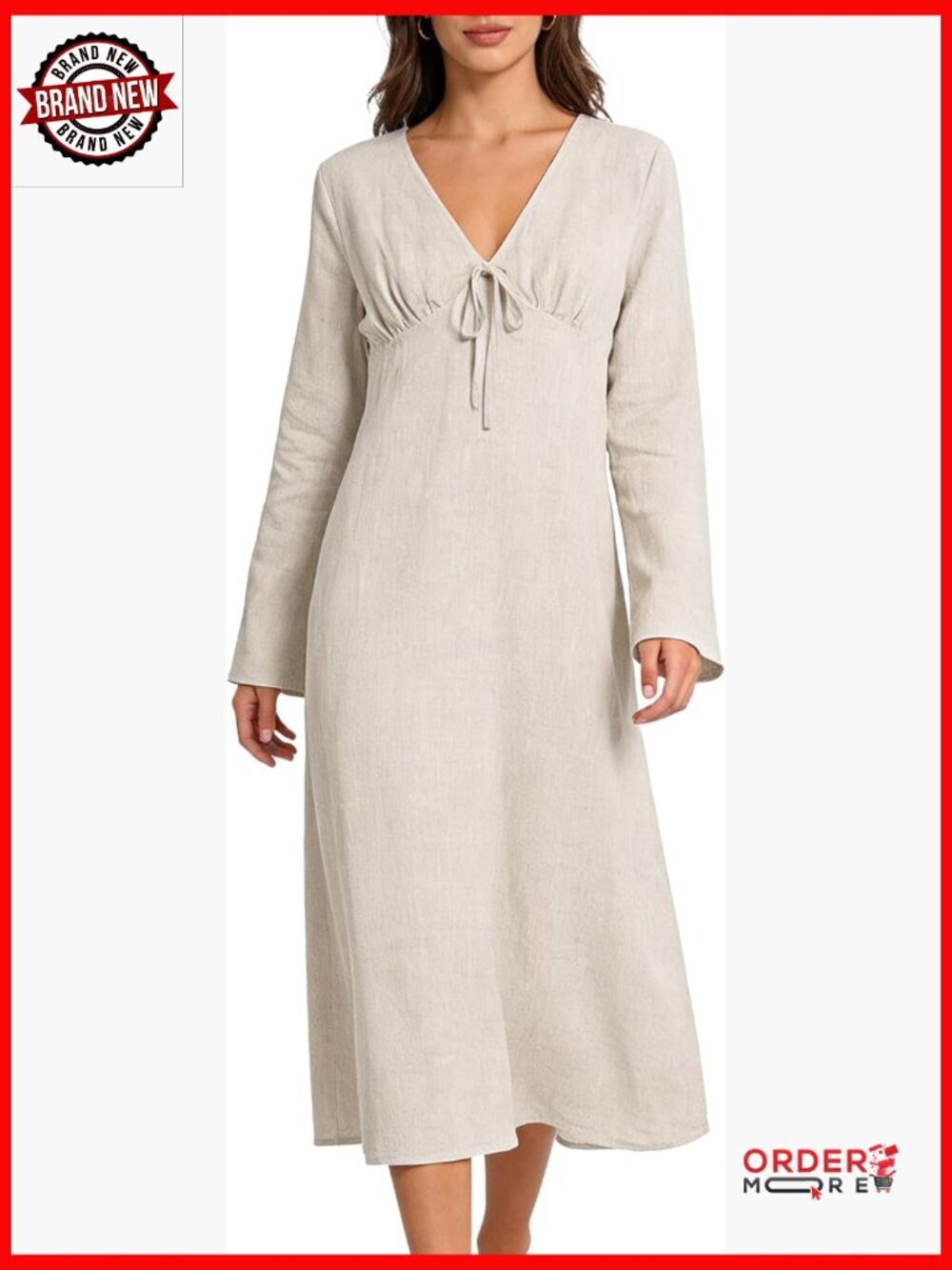 100% Linen Midi Dress Long Sleeve V Neck with Tie